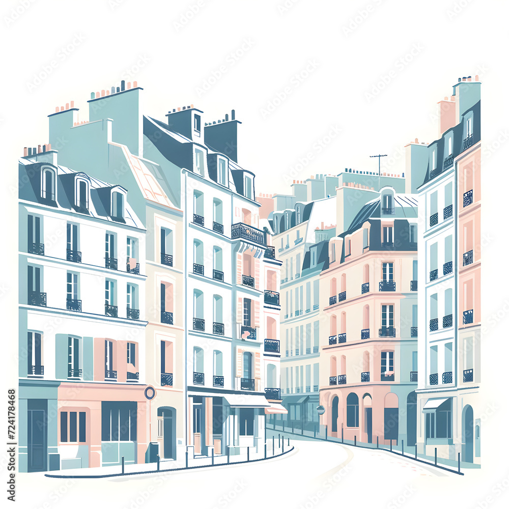 Charming Parisian Street Illustration: Classic French Townhouses with Balconies, Pastel Hues for Romantic, Travel, Architecture Concepts - Urban European Art Scene