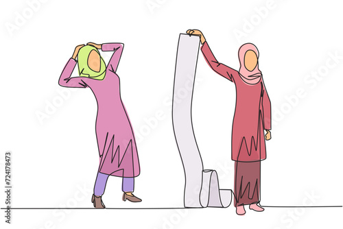 Single one line drawing shocked Arabian businesswoman is shown the bill by her business partner. Many bills have entered the deadline to be paid right now. Continuous line design graphic illustration