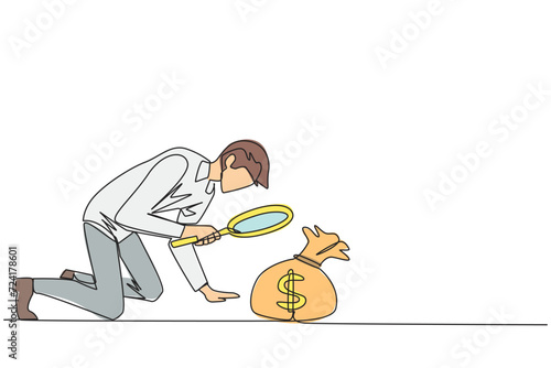 Single one line drawing businessman looks down checking money bag with magnifier. Be careful to check and recalculate before making business payments. Continuous line design graphic illustration