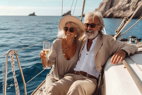 Under the vast sky, a woman and man sit on the deck of a sailboat, dressed in nautical clothing, their sunglasses and goggles reflecting the glistening ocean as they embark on an adventurous journey