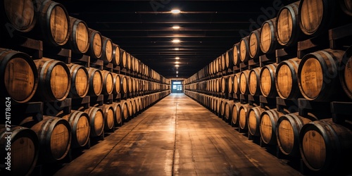 barrels with elite alcohol in the wine cellar photo