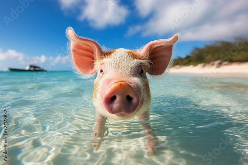 A curious domestic pig stands on a beach, gazing up at the sky as it dips its feet into the cool, shimmering water, creating a peaceful and idyllic scene