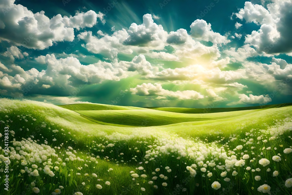 Obraz premium A sweeping panorama of a bright green field in springtime, the sky above adorned with billowing fluffy clouds, encapsulating the freshness of the season.
