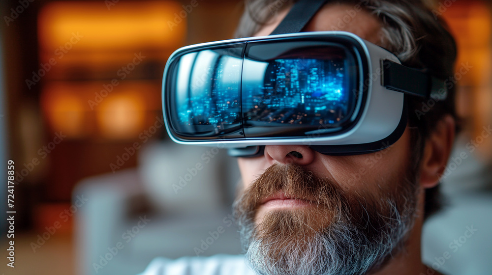 A man wearing virtual reality glasses standing in a modern apartment. A man wearing virtual reality glasses standing in a modern apartment.