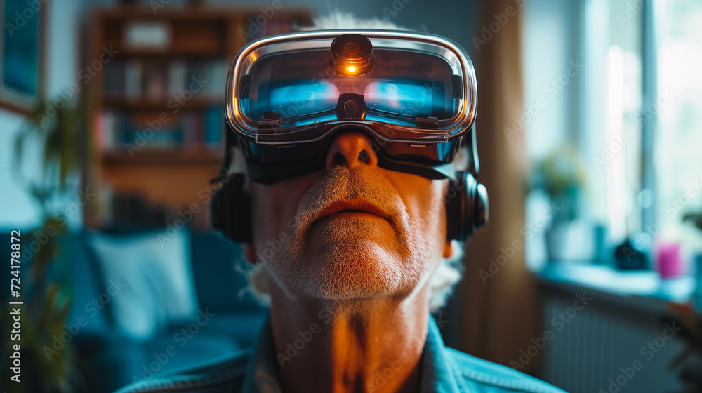 A elderly man wearing virtual reality glasses sitting indoor. - obrazy, fototapety, plakaty 