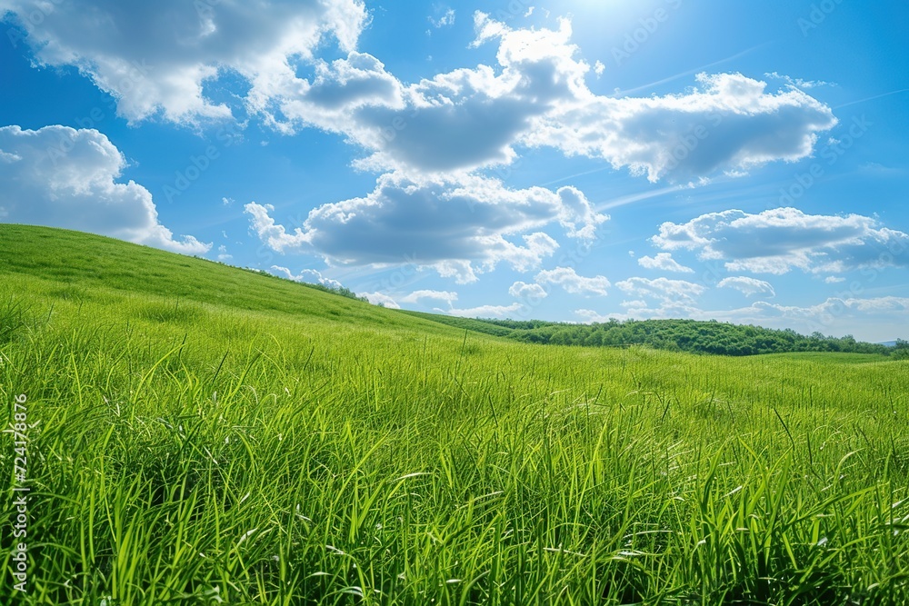 Landscape of green grass on slope with blue sky