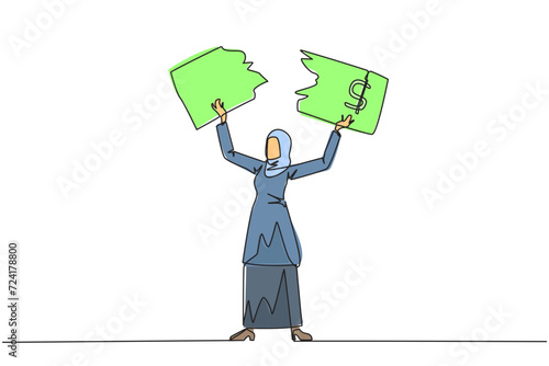 Continuous one line drawing Arabian businesswoman stood up tore off banknotes held above her head. Failed to invest, suffered a lot of losses. Business failure. Single line draw vector illustration