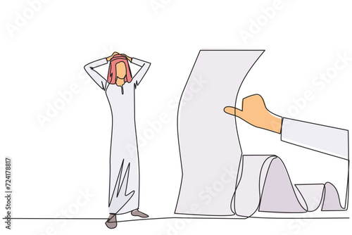 Continuous one line drawing Arab businessman stood in shock, holding head with both hands, looking at bill thrust by the hand. Man who have online bills must be paid immediately. Single line vector