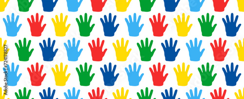Seamless vector pattern colored children palms. Autism day awareness, children hand backgrounds.