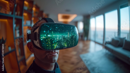 A man wearing virtual reality glasses standing in a modern luxury apartment. photo
