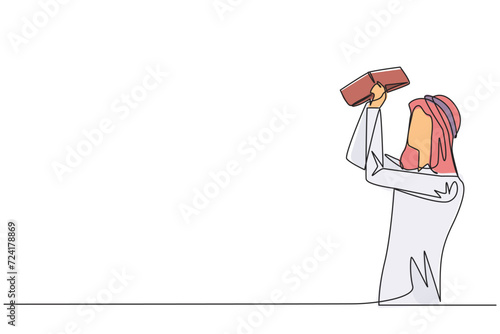 Single one line drawing Arab businessman stood holding and turning an empty wallet. Man who go bankrupt in running a business. Don't have any money at all. Continuous line design graphic illustration