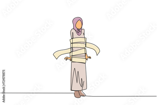 Single one line drawing stressful Arabian businesswoman stood and her body was wrapped by billing paper. Debt-ridden businesses. Bankrupt. Business failure. Continuous line design graphic illustration