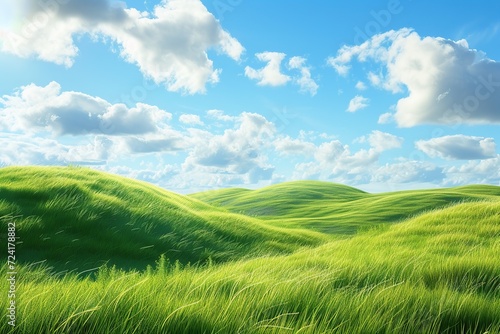 Landscape of green grass on slope with blue sky