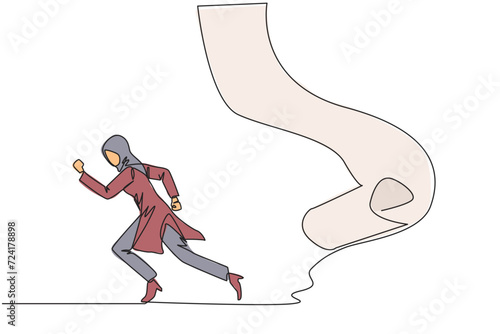 Single one line drawing Arabian businesswoman running chased by pendulum paper rolls bills. Trying to run away from responsibility to pay off all the bills. Continuous line design graphic illustration
