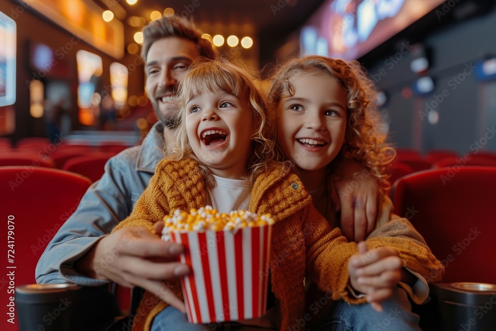 Two girls and a man enjoy a movie together, their human faces lit up with smiles as they sit in the cozy indoor theater, snacking on hotdogs and fully immersed in the film