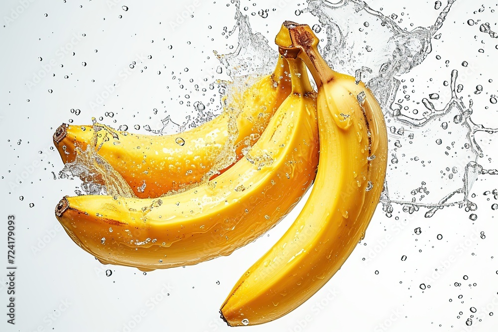 Fresh ripe banana falling in water with splashes on white background