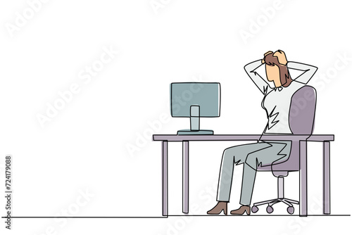 Single continuous line drawing of stressful businesswoman sitting in work chair is holding her head with both hands. In front of monitor face the reality of many unpaid bills. One line design vector