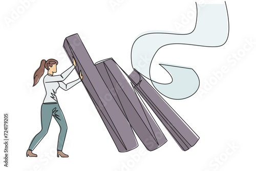 Single one line drawing businesswoman holds back pile of walls resembling collapsed bills. Withstand onslaught of bills that accumulate by holding back unnecessary business expenses. Continuous line