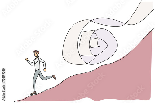 Continuous one line drawing of young businessman runs down hill while being chased by rolls of paper bills. Chased by ever-growing bills. Business failure. Single line draw design vector illustration