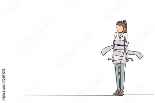 Single one line drawing young stressful businesswoman stood and her body was wrapped by billing paper. Debt-ridden businesses. Bankrupt. Business failure. Continuous line design graphic illustration