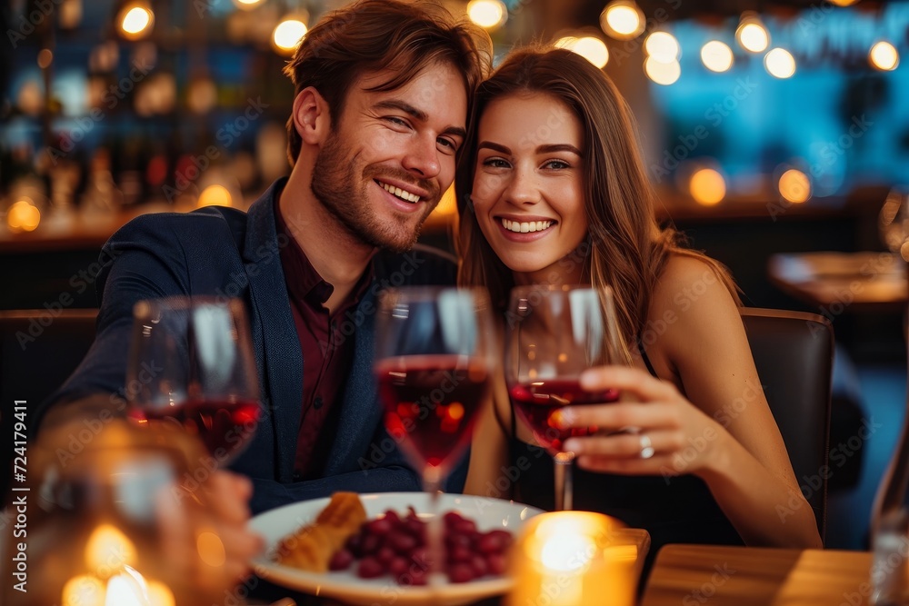Two people enjoy a romantic evening filled with smiles, candlelight, and fine wine at a cozy restaurant table