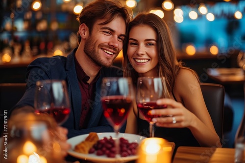 Two people enjoy a romantic evening filled with smiles  candlelight  and fine wine at a cozy restaurant table