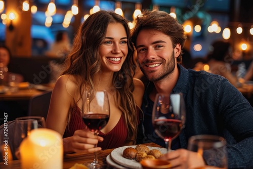 A couple s evening of fine dining and indulgence  as they clink their glasses filled with rich red wine  their faces glowing with smiles  in a cozy restaurant lit by flickering candles