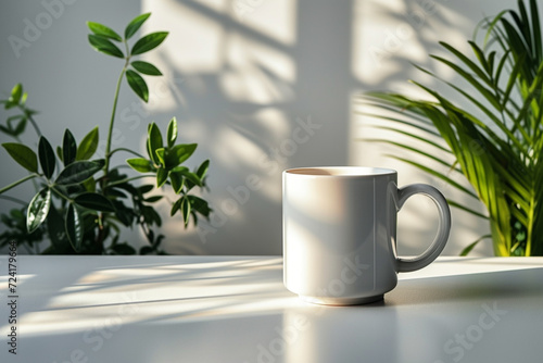 Mug mockup, minimalistic space aesthetic, shpes. Background. Wallpaper. Coffe cup. photo