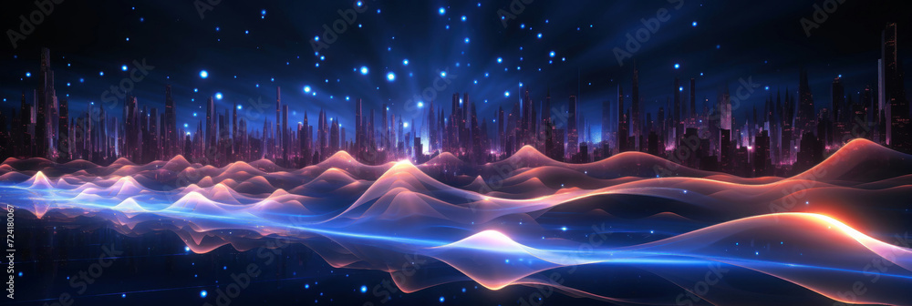 Abstract digital waves in dark space, wavy neon lines of energy on city background. Cyberspace with data and light. Concept of tech, network, cyber, secure, technology, banner