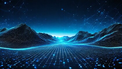Abstract digital landscape with particles dots and stars on horizon