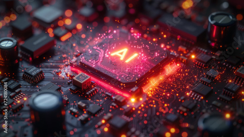 AI chip glows with energy and power, futuristic red-hot processor of artificial intelligence radiates tech light. Concept of computer technology, circuit board, cpu, data, photo