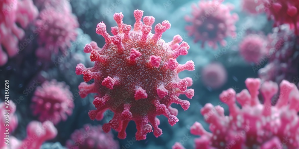 Microscopic Menace: A Highly Detailed 3D Rendering of Infectious Virus Particles in Vivid Colors, Representing Biological Research and Health Challenges, Generative AI Microscopic Menace: A Highly Detailed 3D Rendering of Infectious Virus Particles in Vivid Colors, Representing Biological Research and Health Challenges, Generative AI