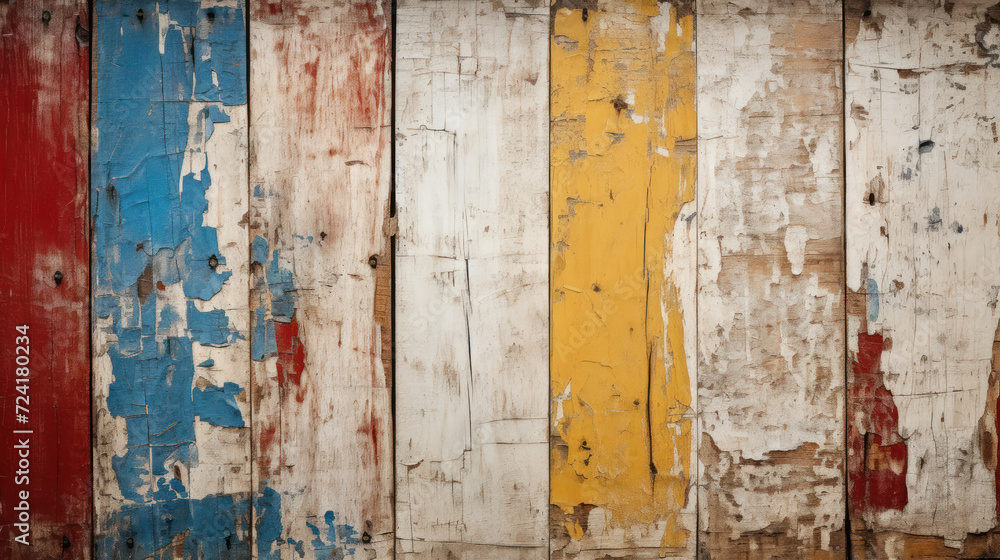 Vintage wood planks texture background, old worn color painted vertical boards. Rough wooden wall, grungy multicolored surface. Theme of design, grunge, colorful pattern
