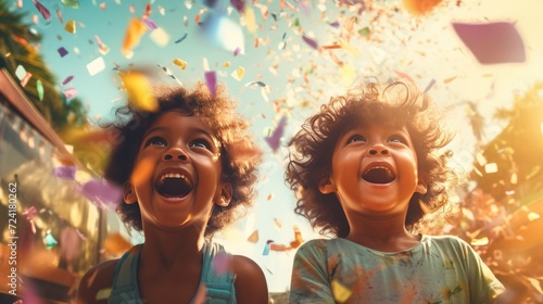 Cheerful ethnic child with curly hair, running around in the confetti, paper confetti at camera on sunny day. Happy holidays.