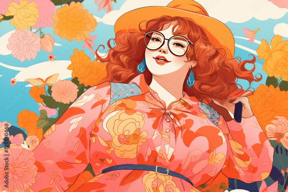 Beautiful plus size woman smiling, red hair and hat. Flowers background, anime girl, adorable young woman. Happy Women's day. 8 march