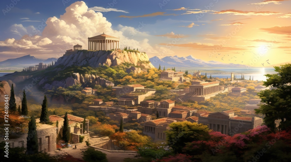 Generative AI image of ancient Greek scenery, Athens, crowded - obrazy, fototapety, plakaty 
