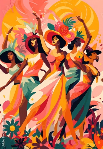 Brazilian Carnival. Group of friends celebrating carnival party, samba dance and music festival, Rio de Janeiro carnival, national holiday poster