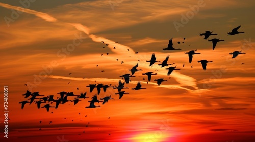 Unity in Flight: Migrating Birds in V-Formation at Sunset AI Generated