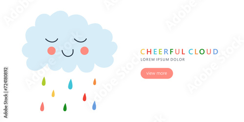 Vector cheerful cloud with colourful rain. Template with text and button.
