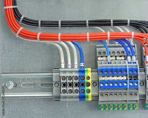 Electrical pass-through terminals for connecting copper mounting wires in an electrical distribution cabinet.