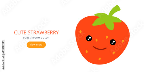 Vector cute strawberry. Template with text and button.
