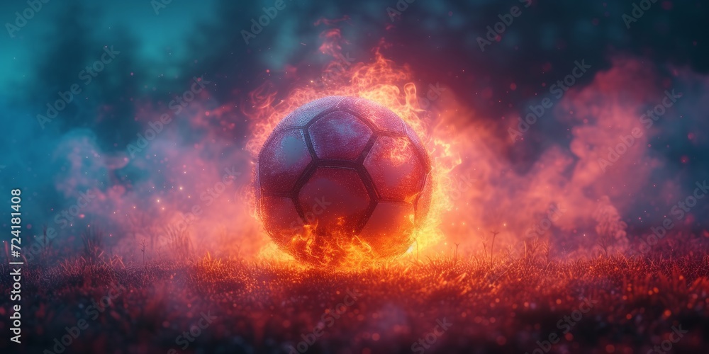 Naklejka premium Fiery Game: A Soccer Ball Engulfed in Flames, Capturing the Explosive Energy and Passion of the Sport on the Field, Generative AI
