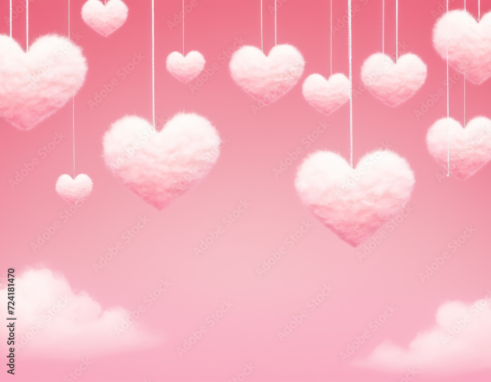 Hanging Fluffy Hearts on Pink Valentine's Background