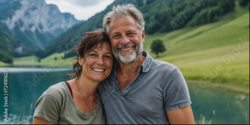lovely beauty midaged couple in the nature, mountain and lake in europe