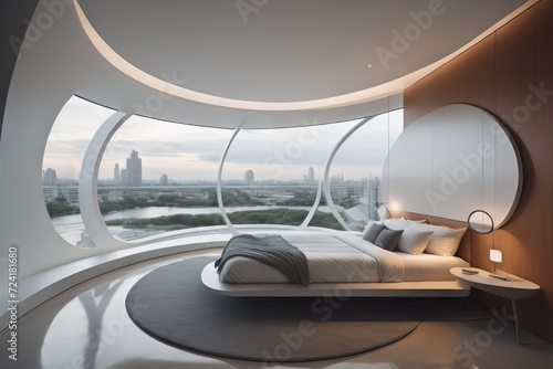  Futuristic interior design of modern bedroom with ellipse shaped windows