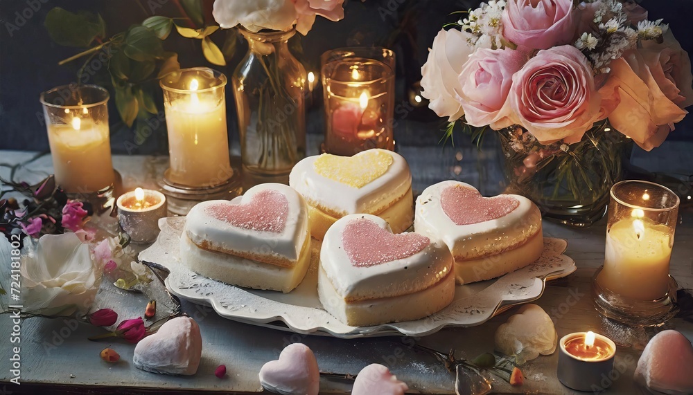 Heart-shaped cream cakes for valentine's day on a festive table with candles and flowers Heart-shaped cream cakes for valentine's day on a festive table with candles and flowers