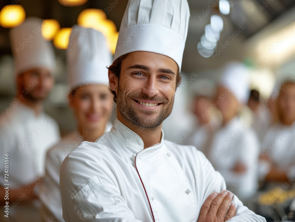 Portrait of chef standing with his team on background in kitchen at restaurant