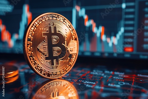 Bitcoin coin with graph chart on computer. Virtual money concept.