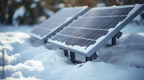 Solar panels generating clean electricity in a snowy environment after a snowfall