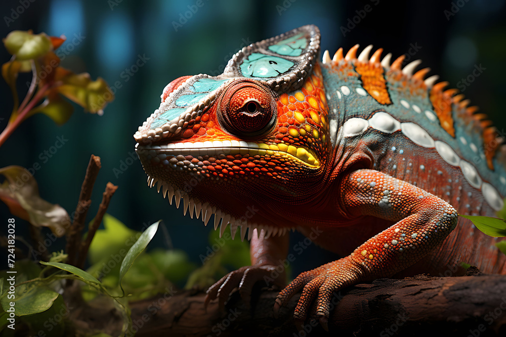Obraz premium Colorful chameleon on dark background. Close-up. ia generated